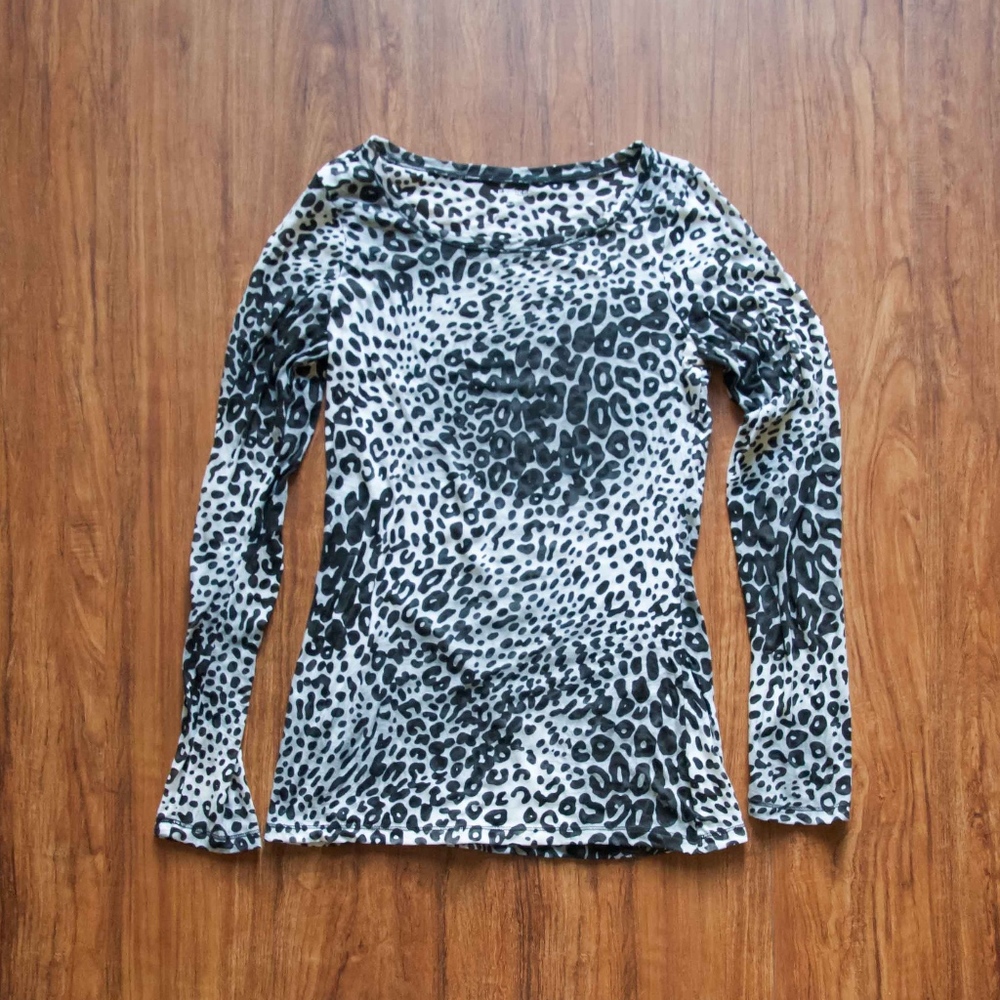 Express Sheer Snow Leopard Print Long Sleeve Top S